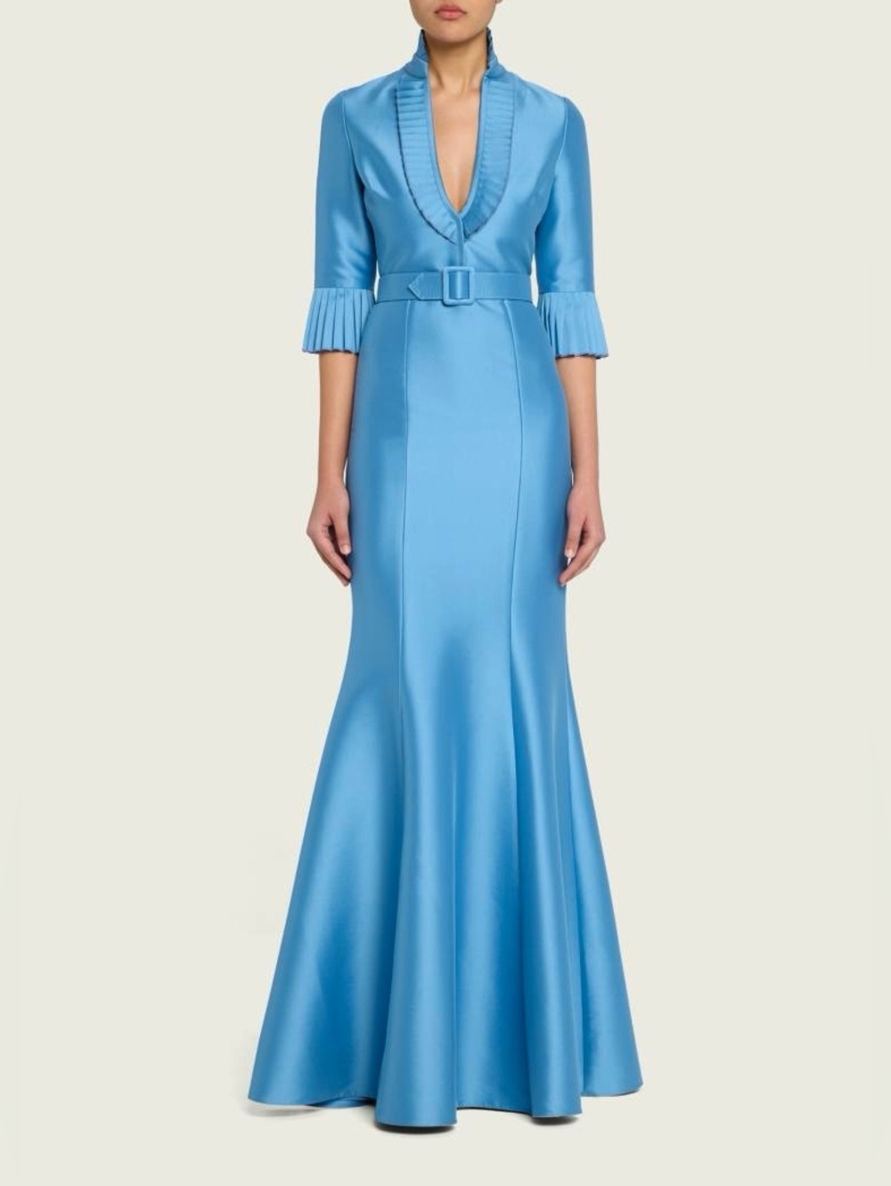 Badgley Mischka NWT Blue Pleated Trim Trumpet Mikado Gown with Belt Size 10